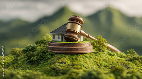 Legal concept of property rights illustrated by a gavel and house resting on a moss-covered hill with blurred natural mountain scenery in the background