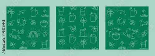 Set of seamless pattern with hand-drawn St. Patrick’s Day symbols including leprechaun hats, lucky clovers, horseshoes, rainbow, boots, and pots of gold. Minimal line-art vector inspired by Irish cult