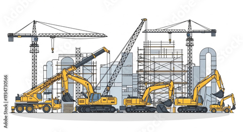Construction site with excavators and cranes building a new structure.