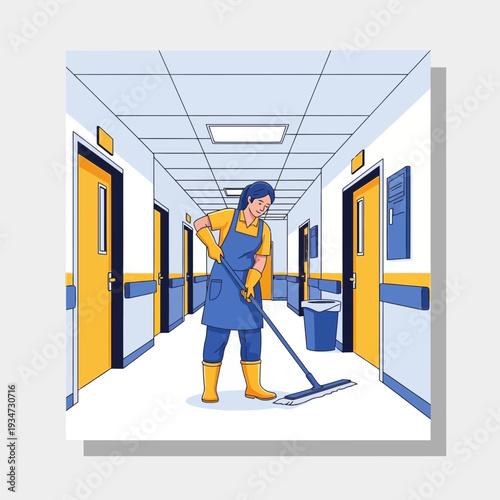 Hospital Cleaning Worker Sanitizing Hallways Ensuring Optimal Hygiene Standards and Cleanliness