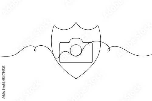 Camera with shield sign icon continuous one line art single drawing on white background minimal secure photo protection line symbol outline vector illustration