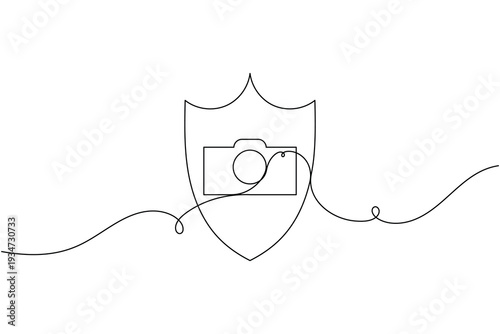 Camera with shield sign icon continuous one line art single drawing on white background minimal secure photo protection line symbol outline vector illustration