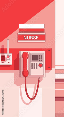 Hospital Communication System in Illustrative Style with Nurse Signage and Modern Equipment