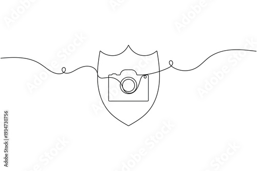 Camera with shield sign icon continuous one line art single drawing on white background minimal secure photo protection line symbol outline vector illustration