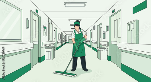Hospital Corridor: A Cleanliness Worker Maintaining Order, Hygiene, and Healthiness