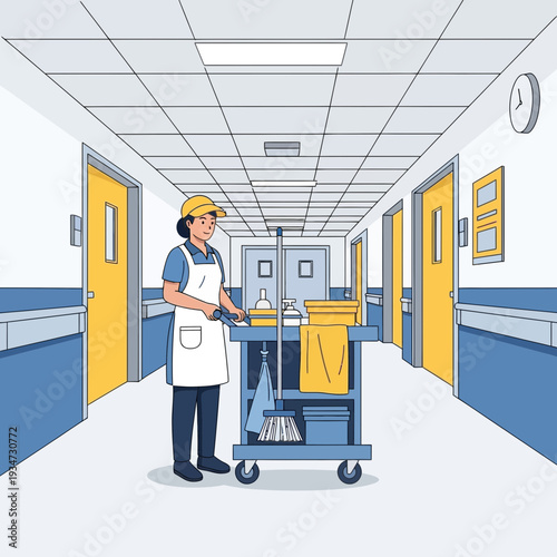 Hospital Corridor: A Diligent Janitor Cleans and Maintains a Pristine Healthcare Facility