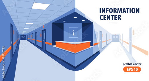 Hospital Corridor and Information Center Design, Architectural Vector Illustration