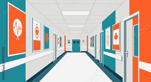 Hospital Corridor Artwork Illustrating Modern Medical Facility and Patient Care Spaces