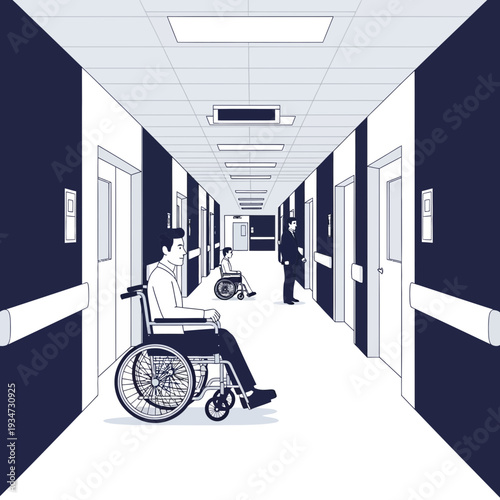 Hospital Corridor Depicting Individuals and Healthcare Settings Illustrating Concepts of Care and