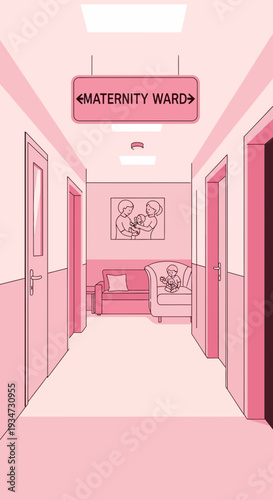 Hospital Corridor Depicting Maternal Care, Maternity Ward Sign, Expectant Families, Gentle Tones