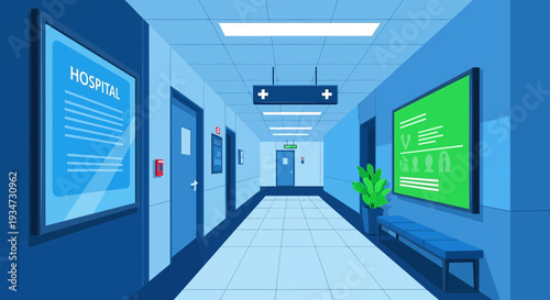 Hospital Corridor Illustration Depicting Medical Interior With Doors, Signs, And Plant