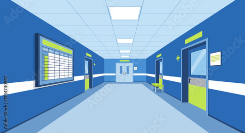 Hospital Corridor Illustration Depicting Medical Interior With Doors, Charts, And Empty Space