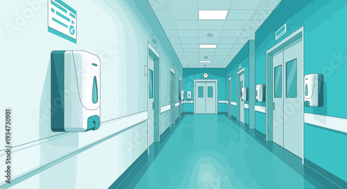Hospital Corridor Illustration Depicting Medical Facilities Interior With Doors and Sanitizer
