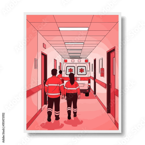 Hospital Corridor Depiction with Paramedics and Ambulance in a Modern Medical Setting
