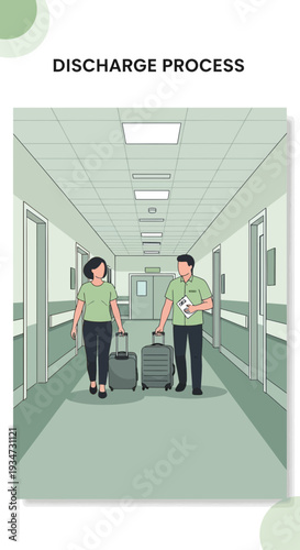 Hospital Corridor Illustration Depicting Patient Discharge Process And Departure With Luggage