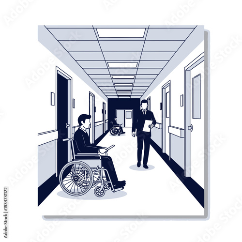 Hospital Corridor Illustration Depicting Patient Mobility and Professional Interaction in Clinical