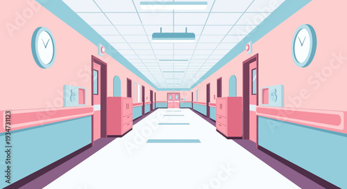 Hospital Corridor Illustration Depicting Patient Rooms, Clocks, and Clean Lines Throughout