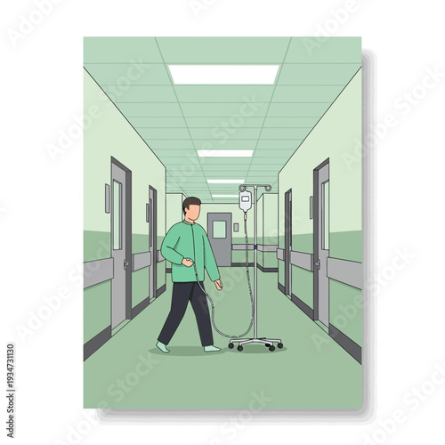 Hospital Corridor Illustration Depicting Patient Mobility with Intravenous Drip Equipment