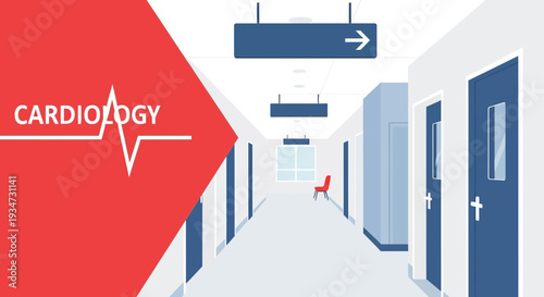 Hospital Corridor Design Depicting Cardiology Department with Directional Signage