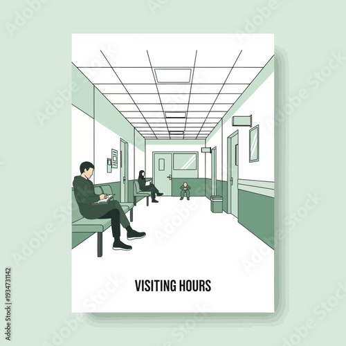 Hospital Corridor Illustration Depicting Patient Waiting and Visiting Hours in Monochromatic Style