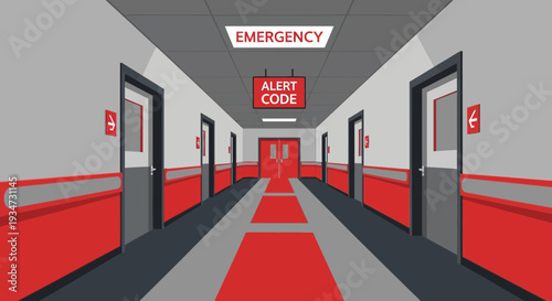 Hospital Corridor Design Depicting Emergency, Warning Signals, Alert Code For Fast Action