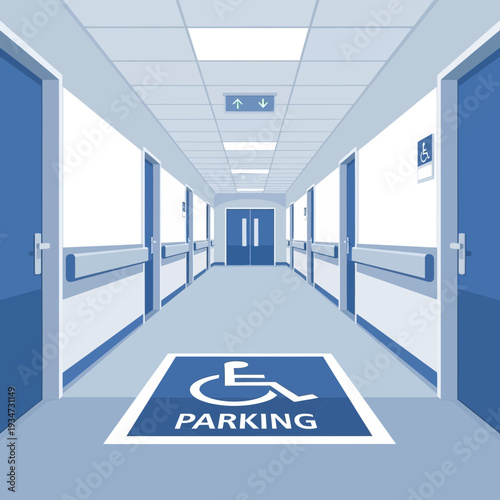 Hospital Corridor Design With Wheelchair Parking Symbol Emphasizing Accessibility and Care