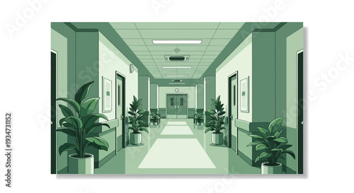 Hospital Corridor Illustration Depicting Plants And Doors in A Modern Minimalist Style
