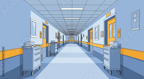 Hospital Corridor Illustration Depicting Perspective And Medical Equipment