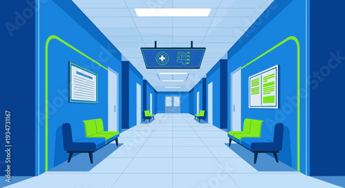Hospital Corridor Design, Medical Clinic Interior, Healthcare Environment Illustration