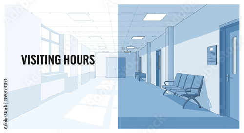 Hospital Corridor Displaying Visiting Hours Sign With Architectural and Interior View