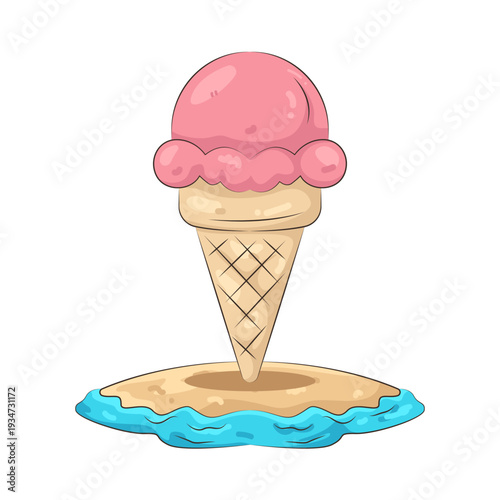 Illustration of Strawberry Ice Cream Cone on Tropical Island