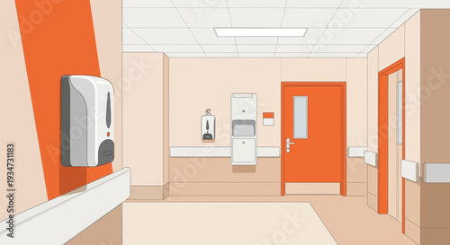 Hospital Corridor Illustration Depicting Sanitizing Dispensers And A Clean, Sterile Environment