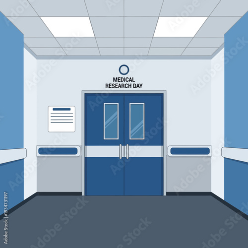 Hospital Corridor Entrance Depicting Medical Research Day Celebration In Blue Color Scheme