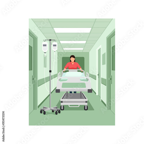 Hospital Corridor Illustration: Medical Emergency, Patient Transportation and Healthcare Procedures