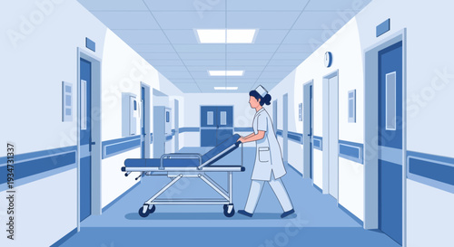 Hospital Corridor Illustration Of A Nurse Pushing A Stretcher To Provide Medical Care