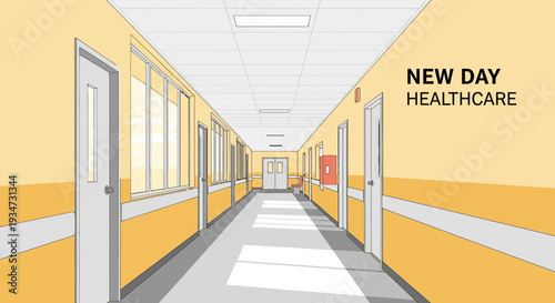 Hospital Corridor Illustration Of Bright Healthcare, Clinic Building Perspective.