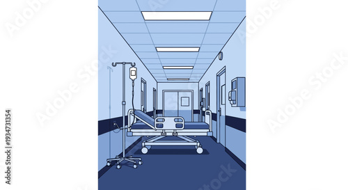 Hospital Corridor Illustration Depicting A Medical Bed, IV Drip, And Patient Care Setting