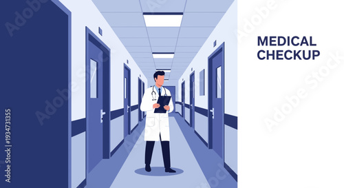 Hospital Corridor Illustration Depicting A Medical Professional Ready For Consultation