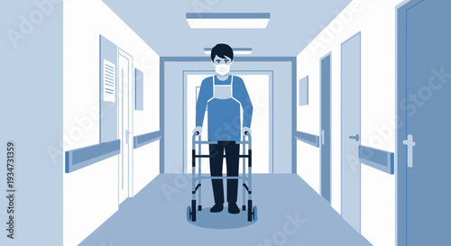 Hospital Corridor Illustration: Patient Assisted Walking Towards Hope and Recovery Journey