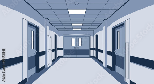 Hospital Corridor Illustration Capturing Perspective And Architectural Details In Shades Of Blue