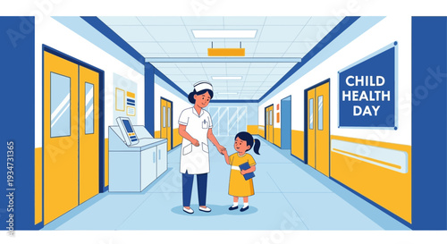 Hospital Corridor Illustration: Nurse Assisting Young Girl for Child Health Day Checkup