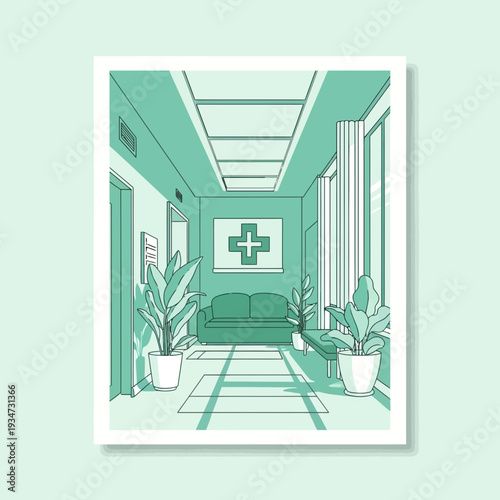 Hospital Corridor Illustration: Modern Medical Waiting Area with Plants and Cross Symbol Design