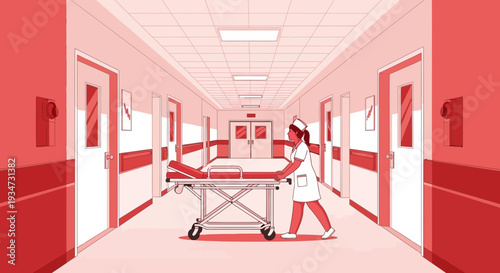 Hospital Corridor Illustration Depicting A Nurse Pushing A Stretcher To Help Patients