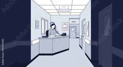 Hospital Corridor Illustration Depicting A Nurse Answering Telephone During The Night