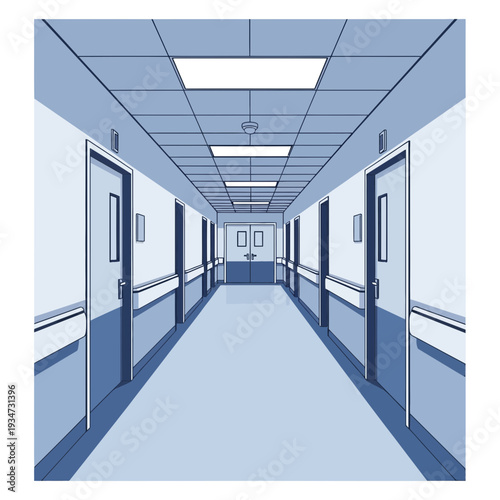 Hospital Corridor Illustration: Perspective View Of A Sterile Healthcare Environment, Clean Design