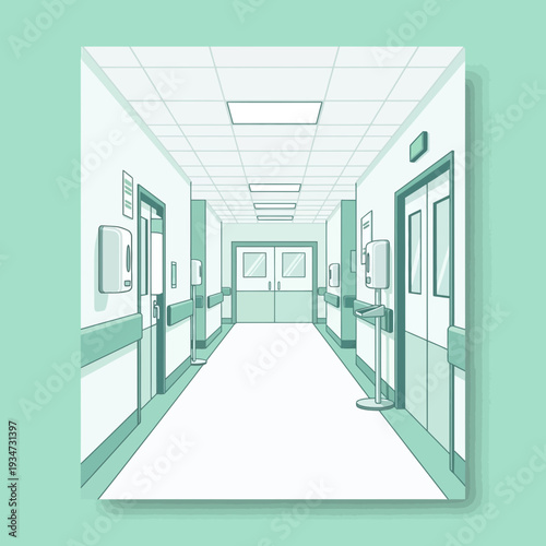 Hospital Corridor Illustration: Perspective View Of An Empty Medical Facility Walkway With Doors