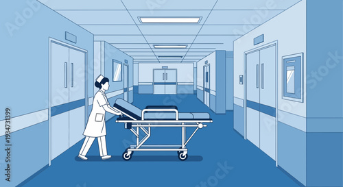 Hospital Corridor Illustration Depicting A Nurse Pushing A Stretcher Towards The End