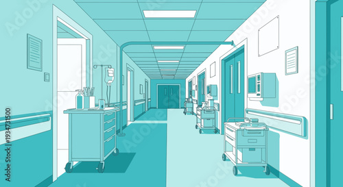Hospital Corridor Illustration with Medical Equipment and Doors in a Minimalist Style