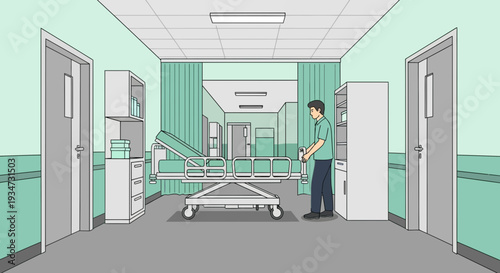 Hospital Corridor Illustration with Medical Personnel and a Patient Bed