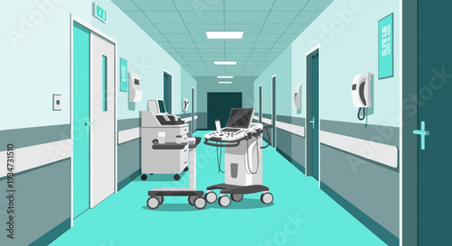 Hospital Corridor Illustration with Medical Equipment Suggesting Care and Technological Advancements